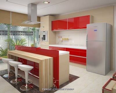 Orient Vidros - Cozinha com porta perfil de alum�nio vermelha